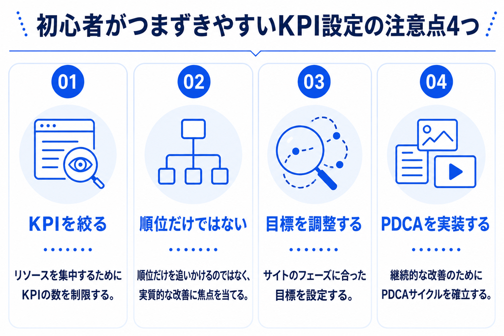 初心者がつまずきやすいKPI設定の注意点4つを示す画像