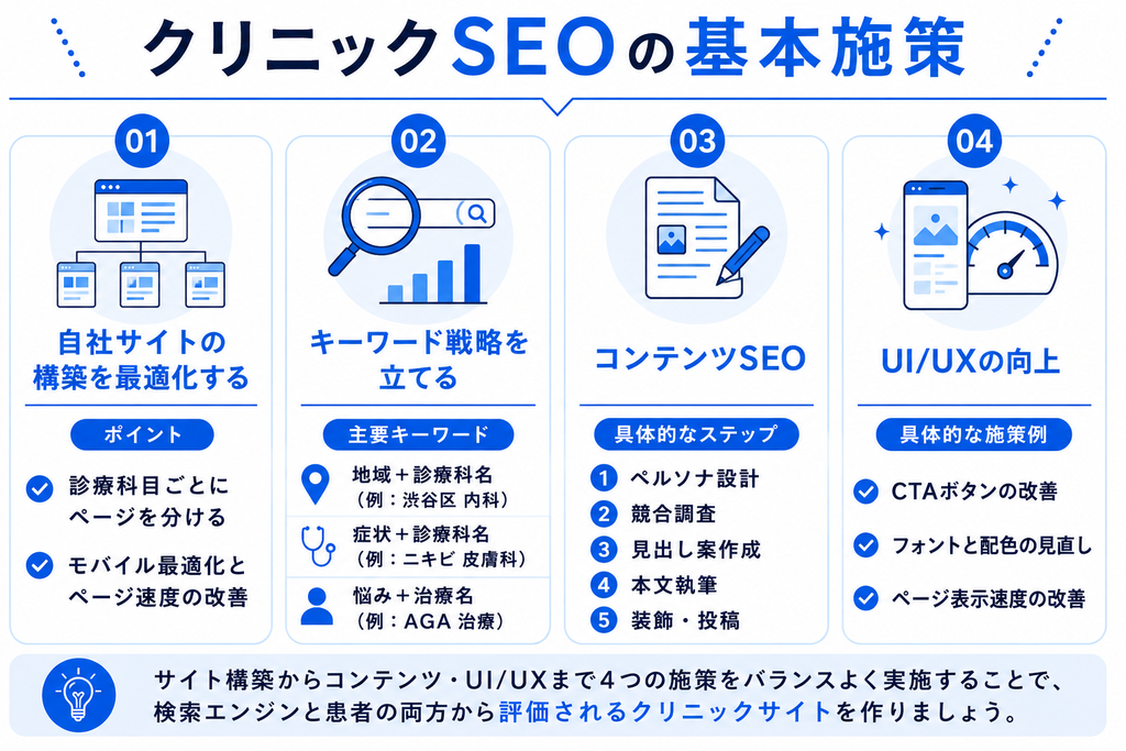 クリニックのSEOで実際に検索上位を目指すときに行う基本施策を要点にわけて説明した画像