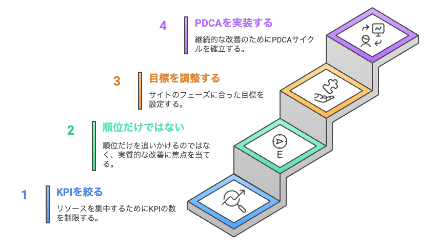 初心者がつまずきやすいKPI設定の注意点4つを示す画像
