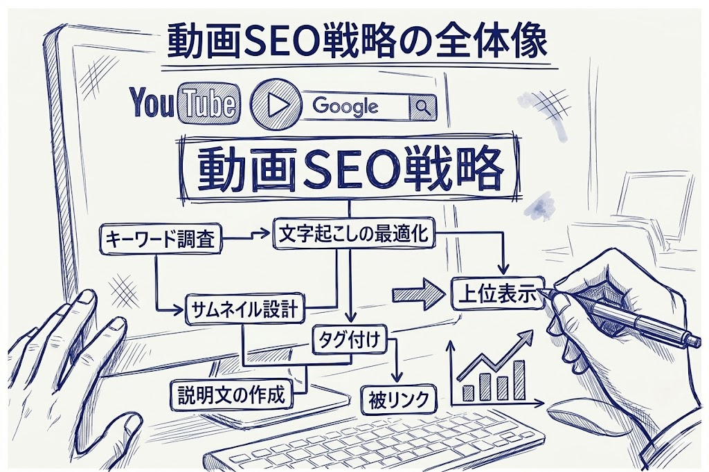 YouTubeとGoogle検索を活用した動画SEO戦略の図解。キーワードリサーチ・サムネイルデザイン・タグ付け・被リンクなどの施策でトップランキングを目指すイメージ