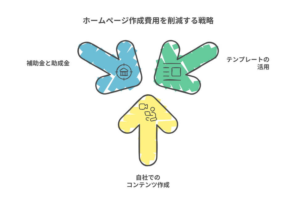 ホームページ作成費用を安く抑える3つのポイントを示す画像