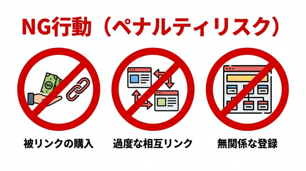 被リンク購入、過度な相互リンク、無関係なサイト登録などSEOペナルティにつながるNG行動を示した図。