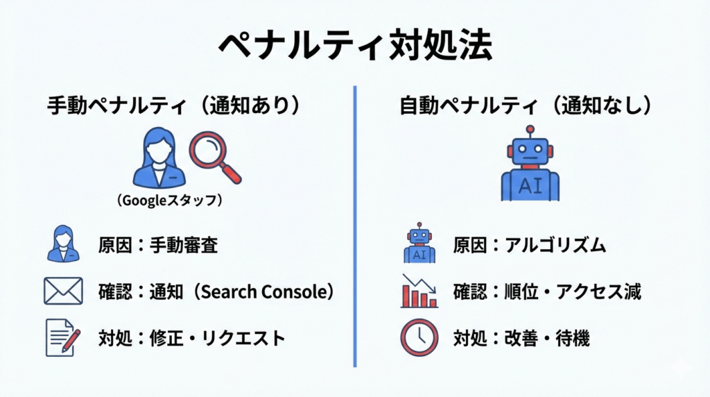 手動ペナルティと自動ペナルティの違いと、それぞれの原因・確認方法・対処法を整理した図。