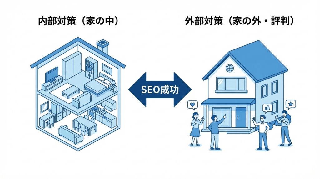 内部対策を家の中、外部対策を家の外からの評判に例え、両者が共にSEO成功に必要であることをわかりやすく表したイラスト。