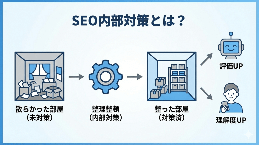 SEO内部対策の概念図解。散らかった部屋を整理整頓するようにサイト構造を整えることで、検索エンジンの評価と読者の理解度が向上する仕組みを表現したイラスト