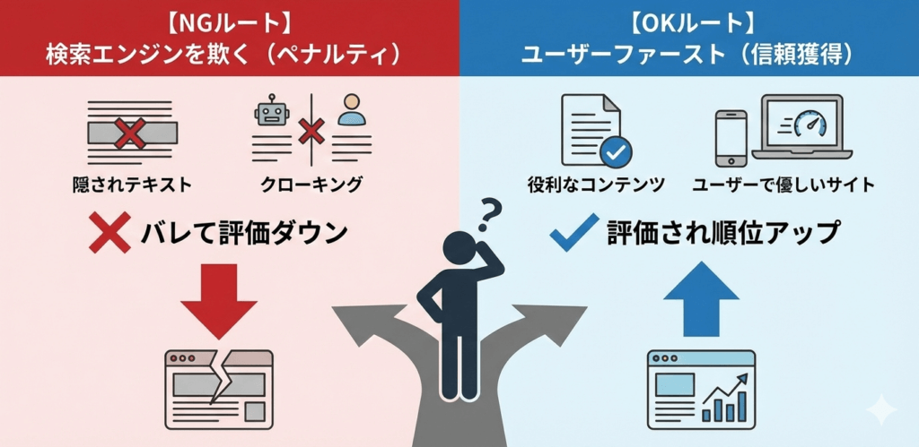 SEO内部対策における注意点。隠しテキストやクローキングなどの検索エンジンを欺くNG行為はペナルティの原因となり、ユーザーファーストで役立つコンテンツを作るOKルートが正当な評価と順位向上につながることを対比したイラスト。