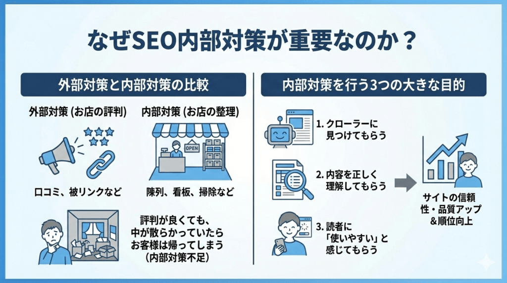 SEOにおける内部対策の重要性の図解。外部対策と内部対策を店舗運営に例えて比較しており、また、内部対策の3つの目的(発見される・理解される・使いやすい)がサイトの信頼性と検索順位向上につながることを説明している。