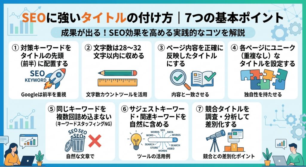 SEOに強いタイトルの付け方|7つの基本ポイントを示す画像