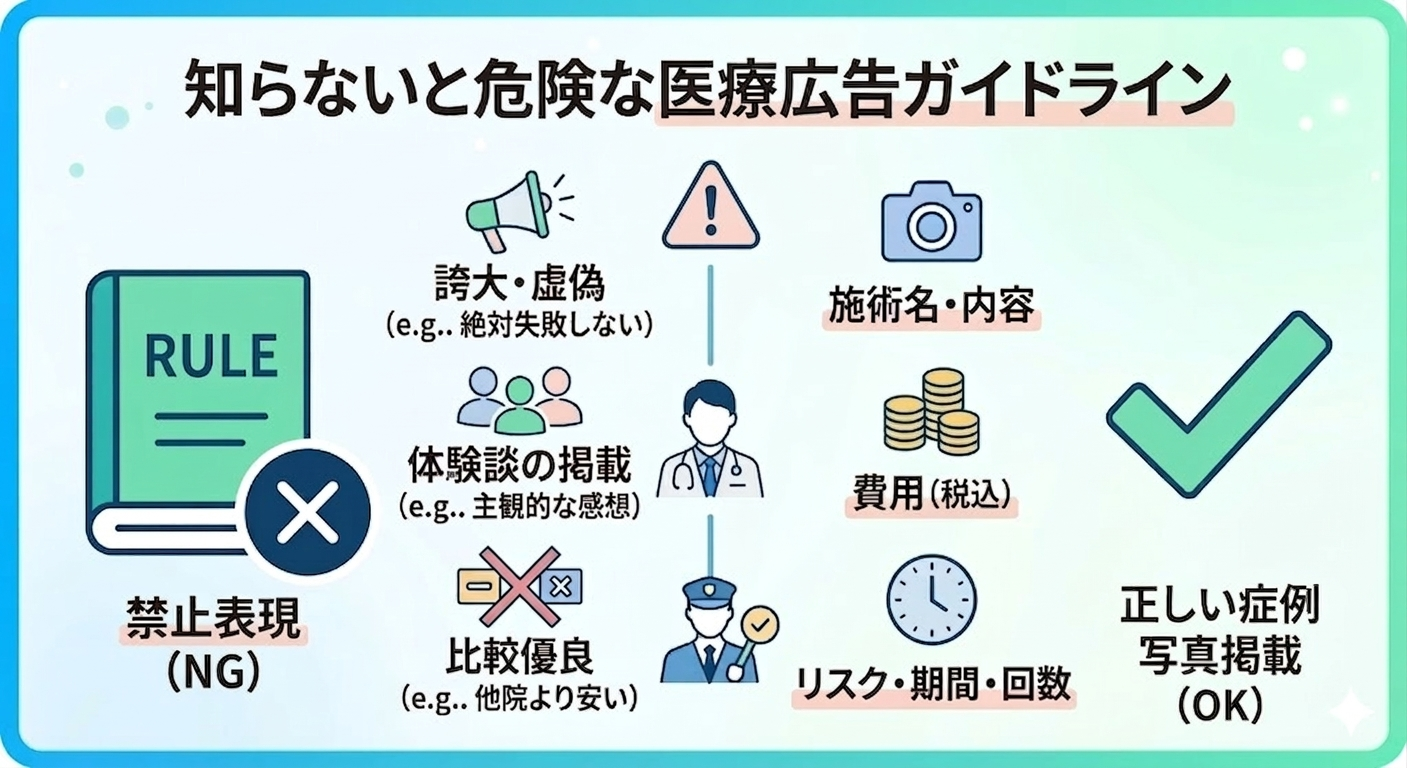 美容クリニックの医療広告ガイドライン遵守とSEOの関係を解説するインフォグラフィック。禁止されている表現(虚偽・誇大・体験談・比較)と、正しい症例写真掲載の方法(施術名・内容、費用、リスク・期間・回数の明記)を対比しています。