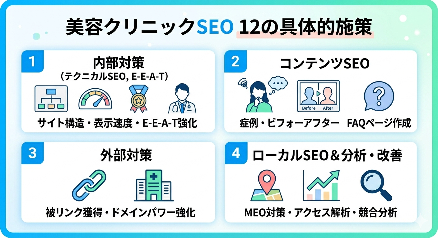 美容クリニックSEOで成果を出す12の具体的施策の全体像を示すインフォグラフィック。内部対策(テクニカル・E-E-A-T)、コンテンツSEO、外部対策、ローカルSEO(MEO)と分析・改善の4つの領域における施策をアイコンで紹介しています。