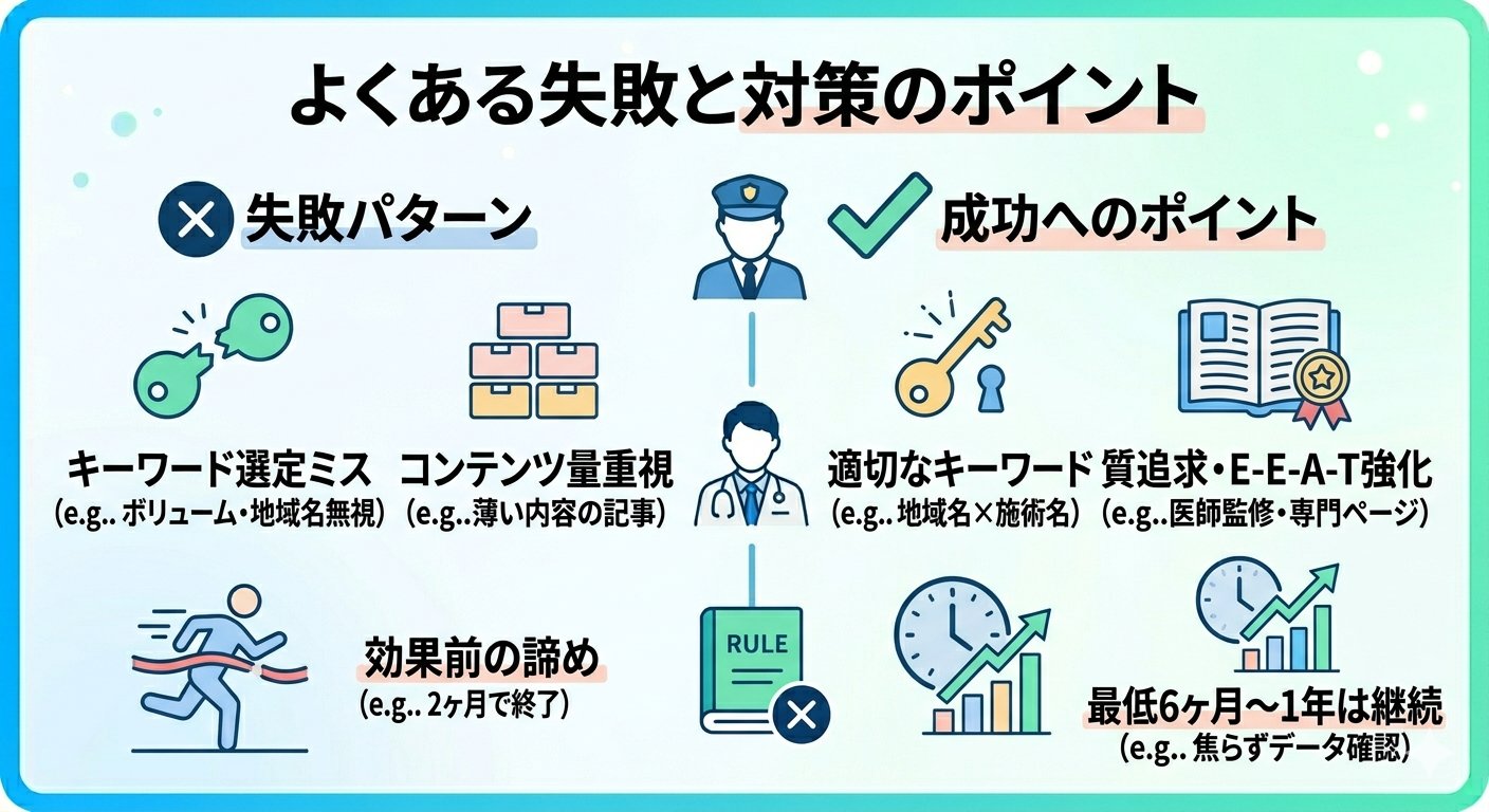 美容クリニックSEOでよくある失敗パターンと対策のポイントを対比したインフォグラフィック。キーワード選定ミス、量重視、継続しないという失敗に対し、適切なキーワード選定、量より質とE-E-A-T強化、長期継続の重要性を示しています。