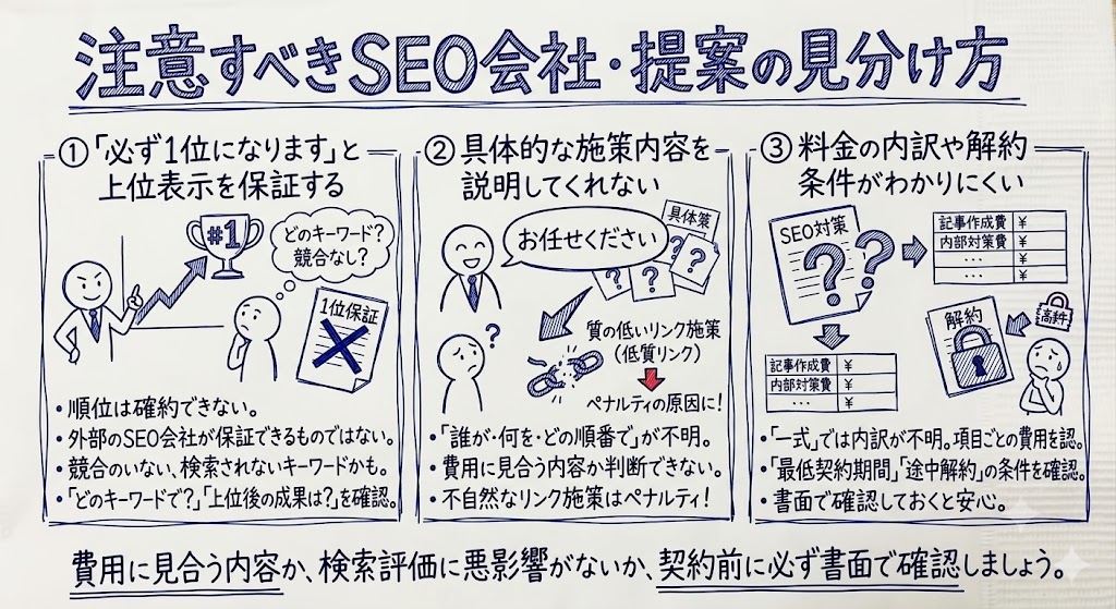 注意吸うべきSEO会社や提案の見分け方を示した画像
