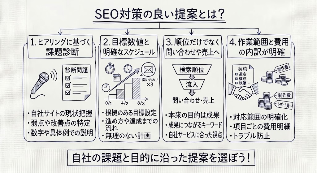 SEO対策の良い提案を4つ示す画像