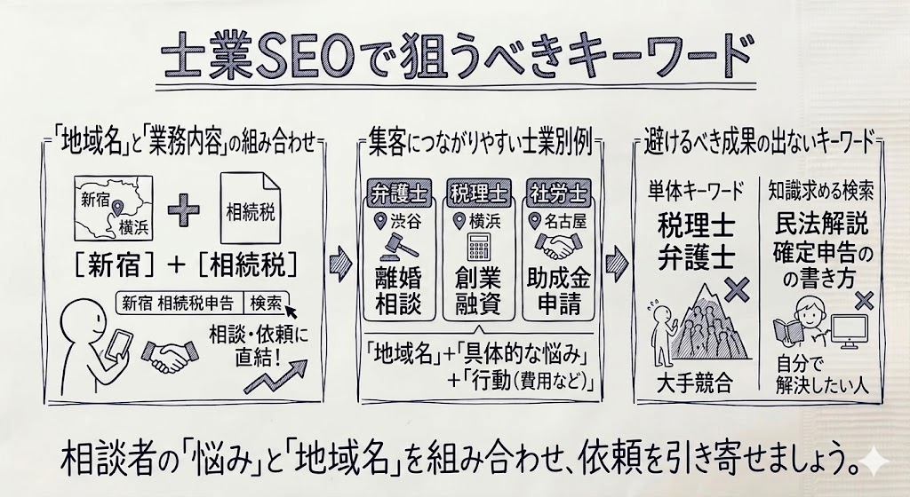 士業SEOで狙うべきキーワードを示す画像