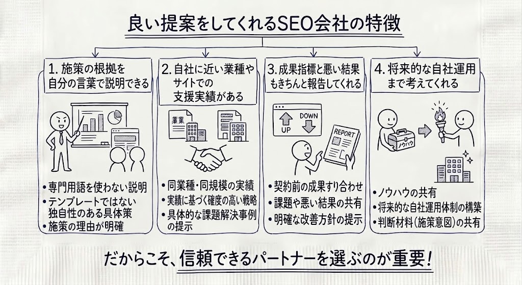 良い提案をしてくれるSEO会社の特徴を示す画像
