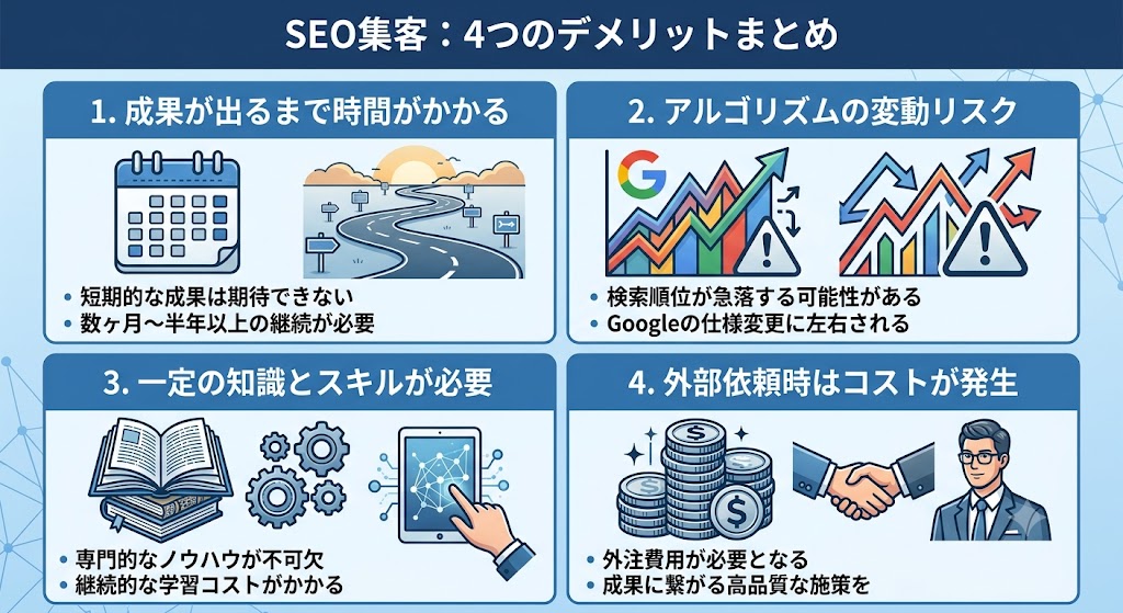 SEO集客のデメリットとして、成果が出るまで時間がかかる、アルゴリズムの変動リスク、一定の知識とスキルが必要、外部依頼時はコストが発生するという4つの注意点を示す画像