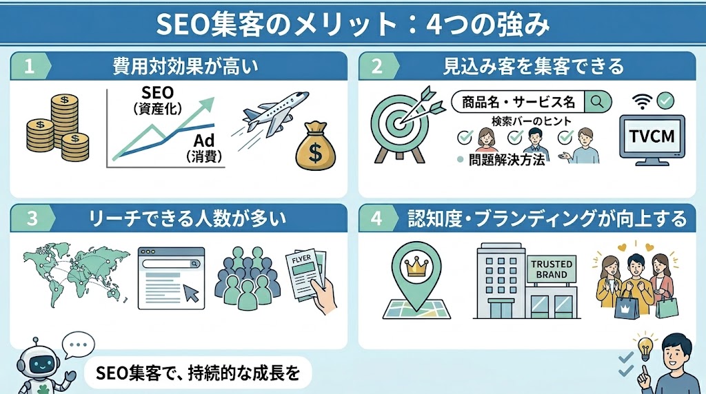SEO集客のメリットとして、費用対効果が高い、見込み客を集客できる、リーチできる人数が多い、認知度・ブランディングが向上するという4つの強みを示す画像