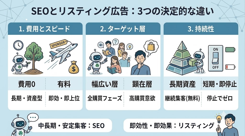 SEOとリスティング広告の3つの違いとして、費用とスピード、ターゲット層、持続性を比較し、SEOは中長期で安定集客、リスティングは即効性が高いことを示す画像