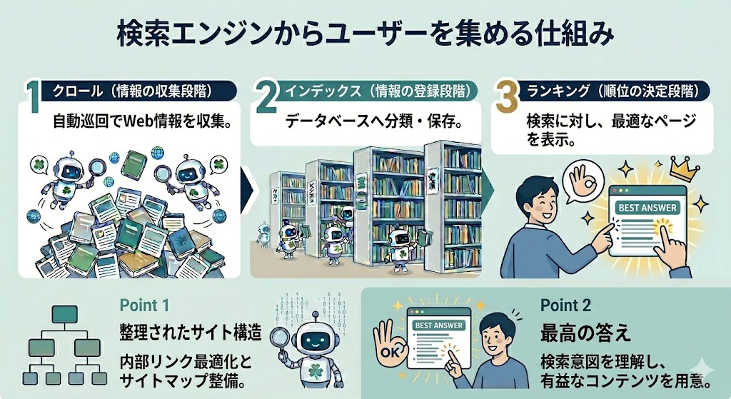検索エンジンがクロール・インデックス・ランキングの3段階で検索結果を決定する仕組みと、整理されたサイト構造と検索意図の理解が重要であることを示す画像