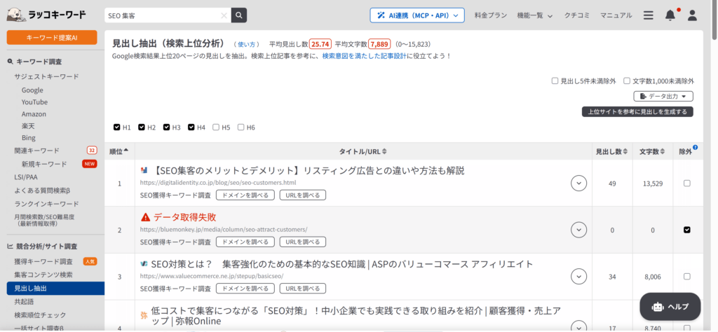 ラッコキーワードの見出し抽出機能で「SEO集客」の検索上位記事の見出し数や文字数が一覧表示される様子を示すスクリーンショット