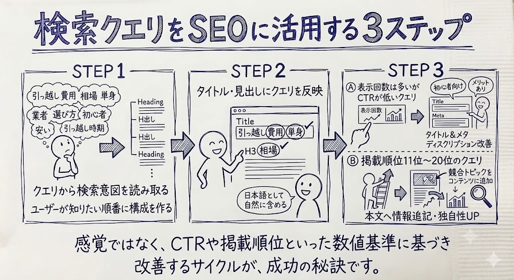 検索クエリをSEOに活用する3ステップを示した画像