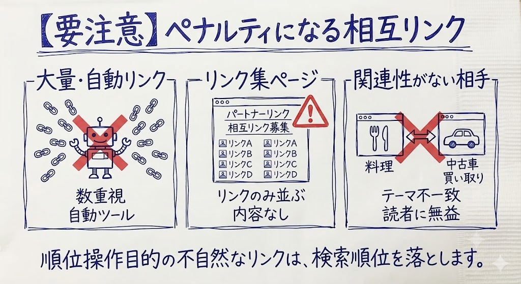 ペナルティにつながる相互リンクのNGパターンを示す画像