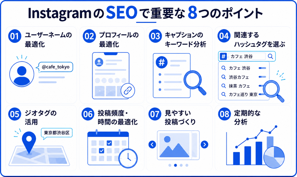 InstagramのSEO対策で特に重要となる8つのポイントをまとめて示した画像
