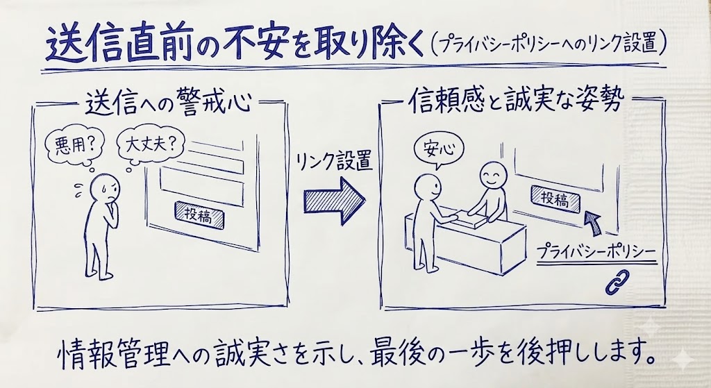 プライバシーポリシーへのリンクを設置して送信直前の不安を取り除く施策を示す画像