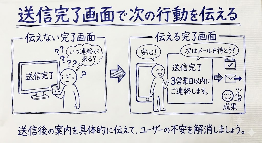 送信完了画面で次の行動を伝える施策を示す画像