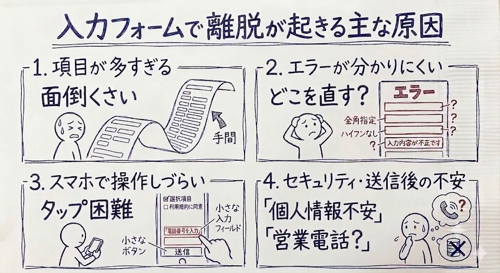 入力フォームで離脱が起きる主な原因を示す画像
