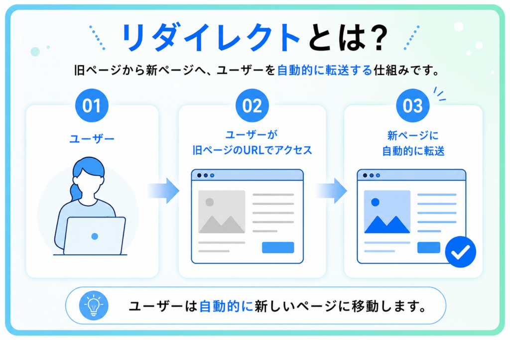 リダイレクトの仕組みを解説した画像。ユーザーが旧ページのURLにアクセスすると、新ページへ自動的に転送される流れを視覚化している