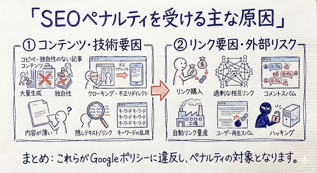 SEOペナルティを受ける主な原因を示した画像
