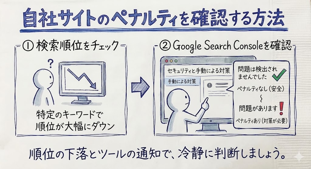 自社サイトのペナルティを確認する方法を示した画像