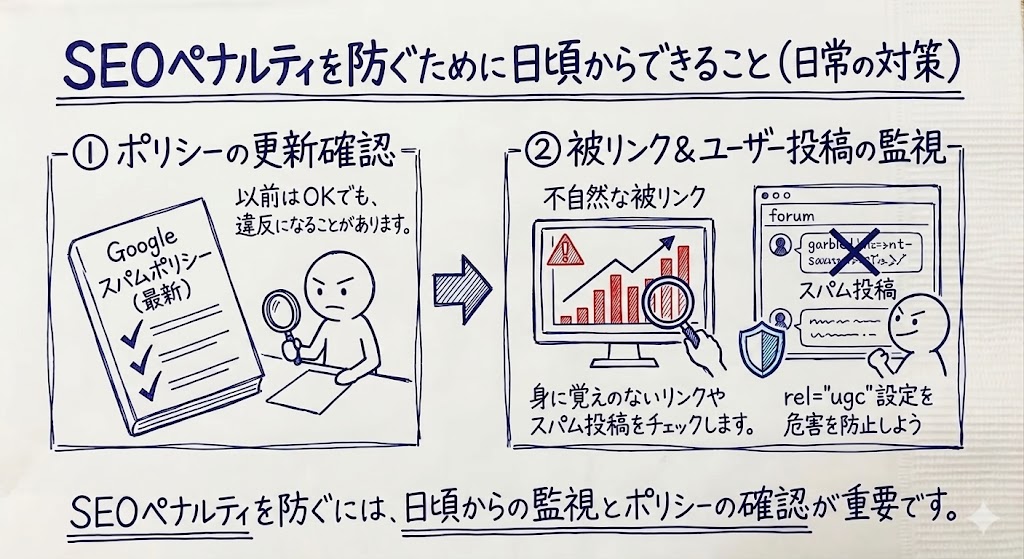 SEOペナルティを防ぐために日頃からできることを示す画像