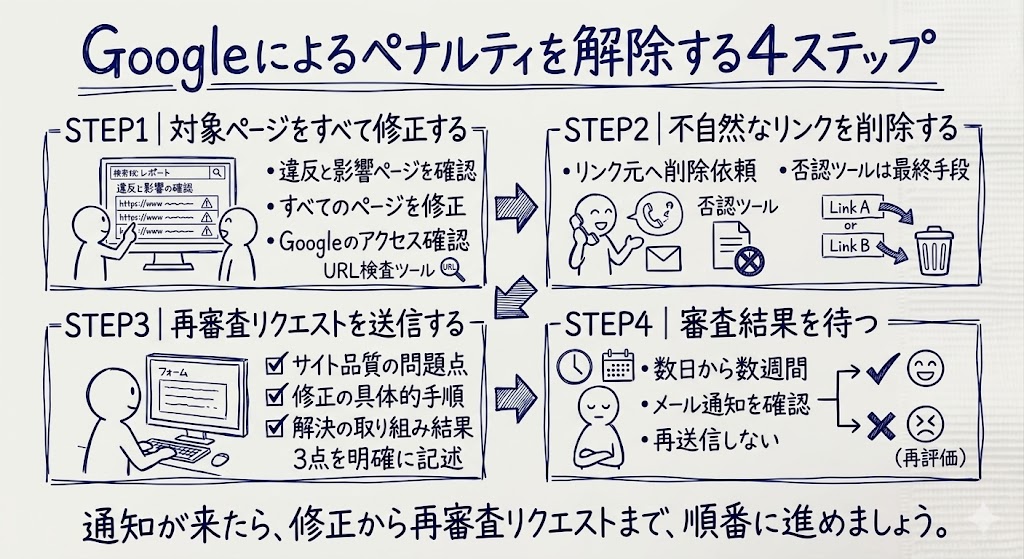 Googleによるペナルティを解除する4ステップを表す画像