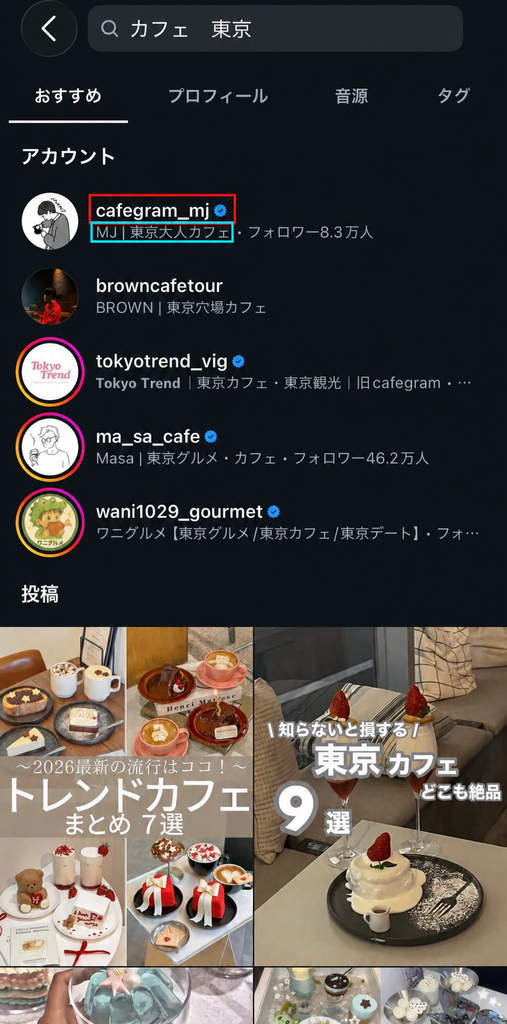 ユーザーネームがインスタグラムの画面上でどこに表示されるのかを示した画像