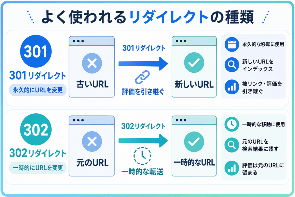 よく使われるリダイレクトの種類として301リダイレクトと302リダイレクトの違いを比較した画像。301は永久的なURL変更、302は一時的なURL変更を示している