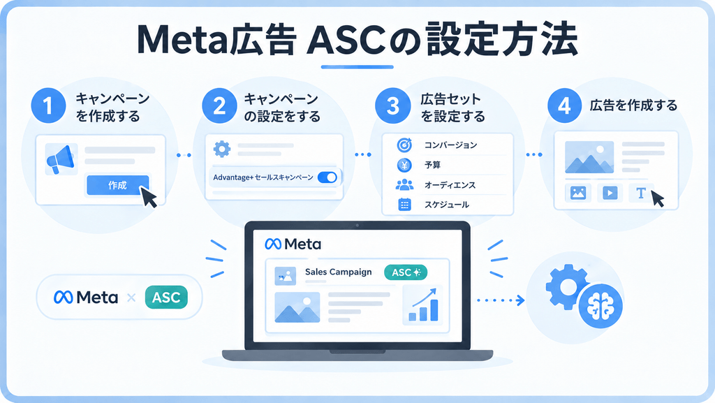 Meta広告ASCの設定手順を4ステップで示した図