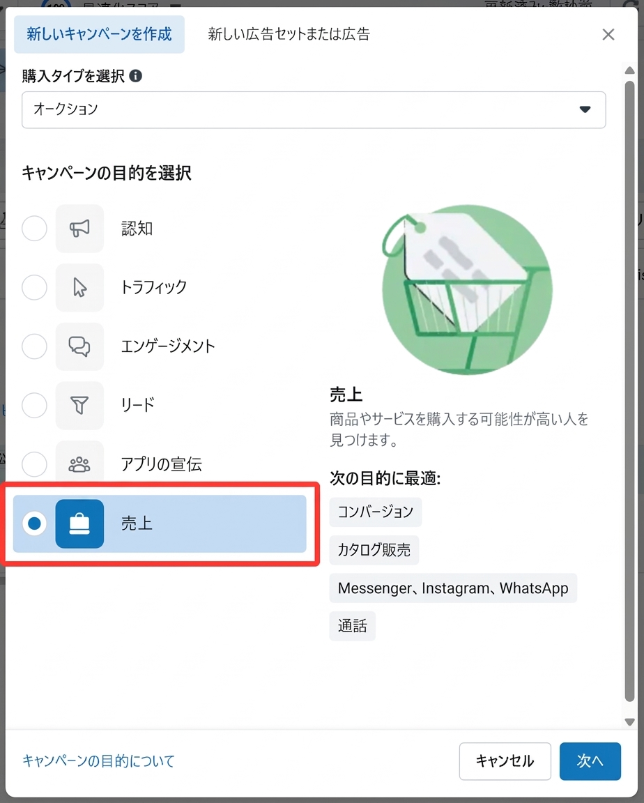 Meta広告のキャンペーン作成画面で売上を目的とした広告キャンペーンを選択する様子