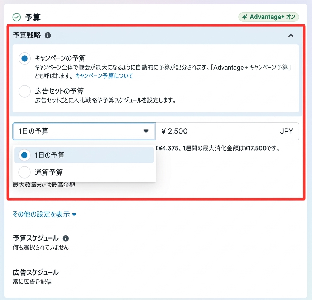 Meta広告の予算設定画面でキャンペーン予算と1日の予算を設定する様子