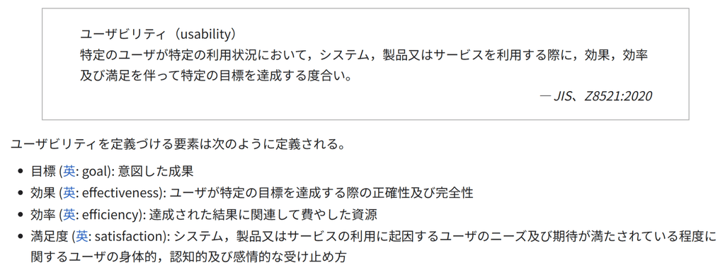 Wikipediaの画像 「ユーザビリティ」の定義をISOの規格を用いて説明する画像