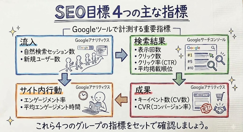 SEOの目標に使う主な指標を示す画像