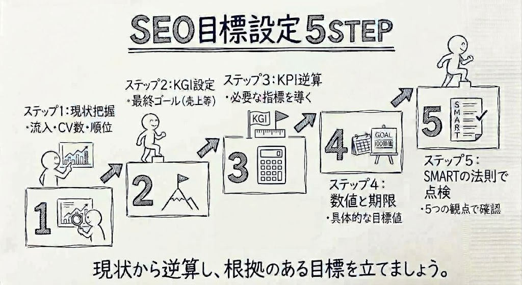 SEOの目標設定の5ステップを示す画像