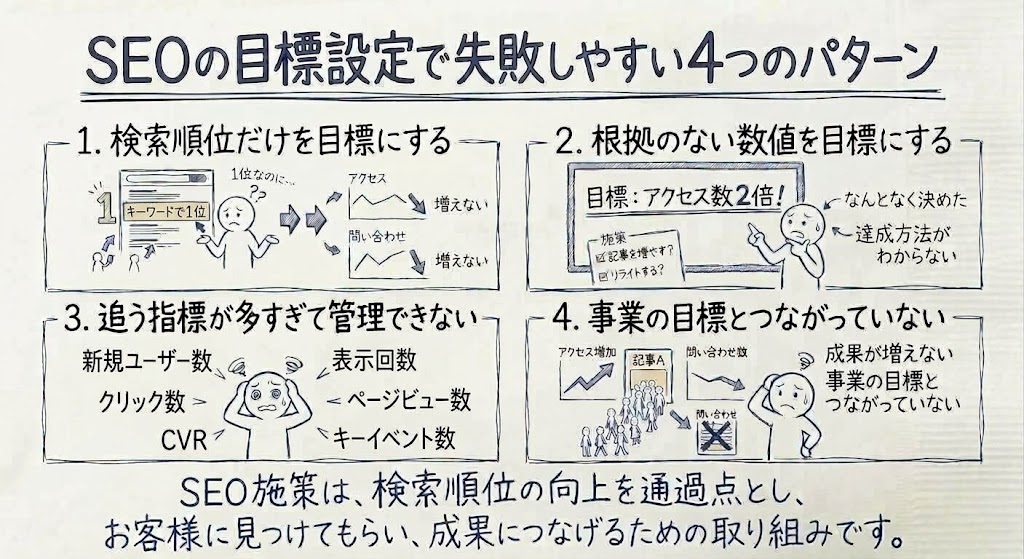 SEOの目標設定で失敗しやすい4つのパターンを示す画像