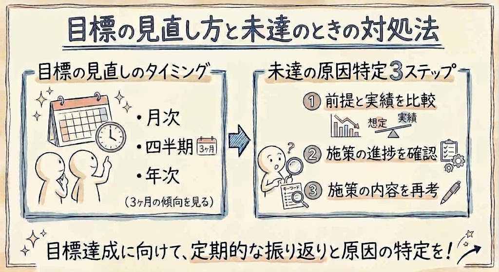 目標の見直し方と未達のときの対処法を示す画像