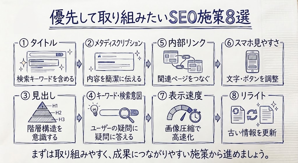 優先して取り組みたいSEO施策8選を示す画像