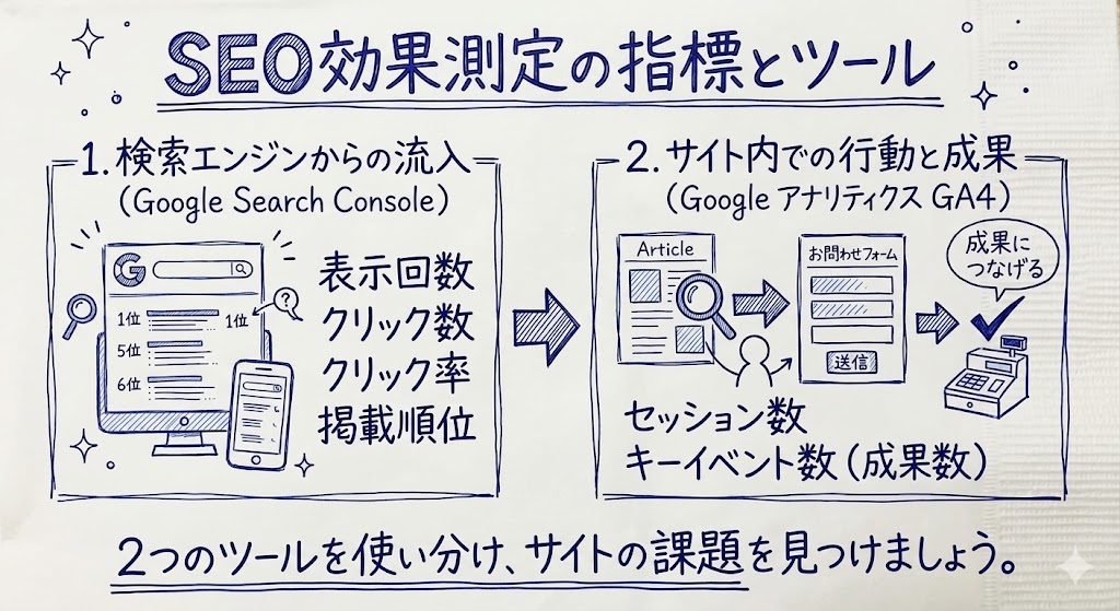 SEO効果測定の指標とツールを示す画像