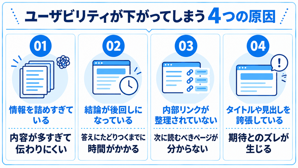 ユーザビリティが低下してしまう4つの主な原因についてまとめた画像。 4つの原因とそれに伴い読者にどんな悪影響があるのかをまとめている。