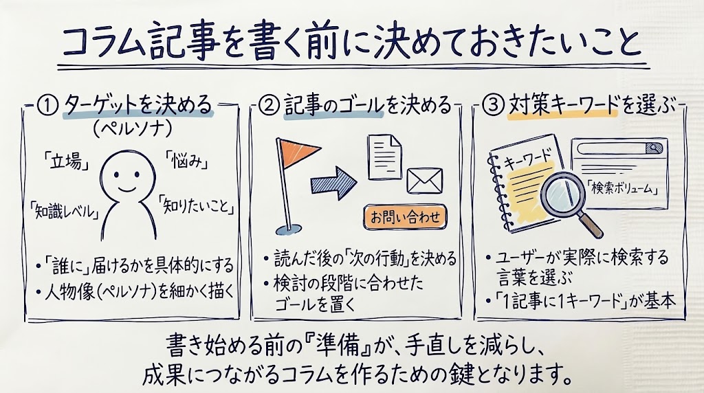 コラム記事を書く前に決めておきたいことを示す画像