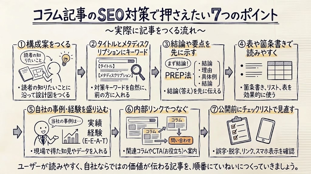 コラムのSEO記事で押さえたい7つのポイントを示す画像